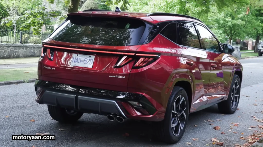 2026 Hyundai Tucson Hybrid rear and side profile showcasing tailgate and LED lighting