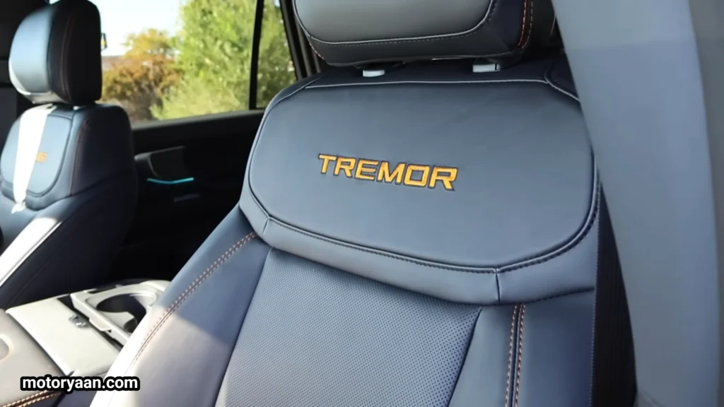 Front seats of the 2026 Ford Expedition Tremor with premium leather upholstery and branding