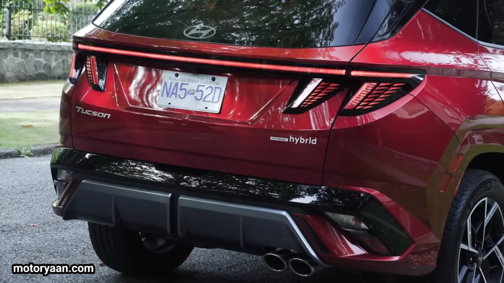 Close-up rear view of 2026 Hyundai Tucson Hybrid LED tail lamps and badging