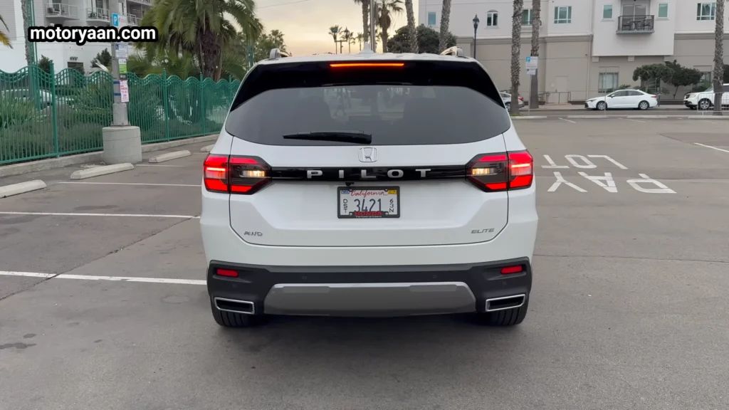2026 Honda Pilot rear profile with Pilot lettering and LED tail lights