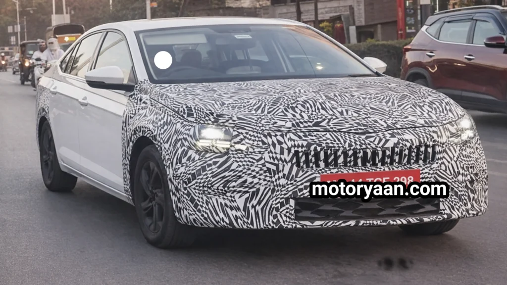 2026 Skoda Slavia Facelift front and side profile spotted testing in India with camouflaged front design
