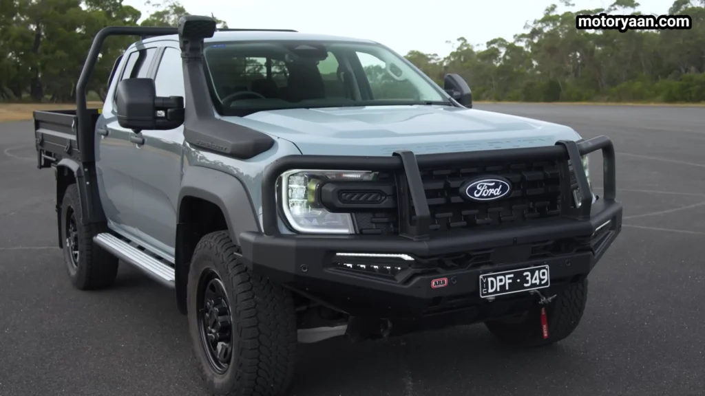 2026 Ford Ranger Super Duty front three quarter view showing rugged stance and wide track