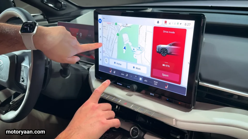 2027 Toyota Highlander EV infotainment screen showing battery range and navigation