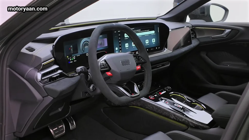 2026 Audi RS5 sedan interior dashboard with RS steering wheel and infotainment system