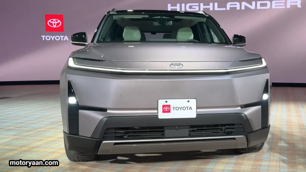 2027 Toyota Highlander EV front fascia with LED headlights and hammerhead styling