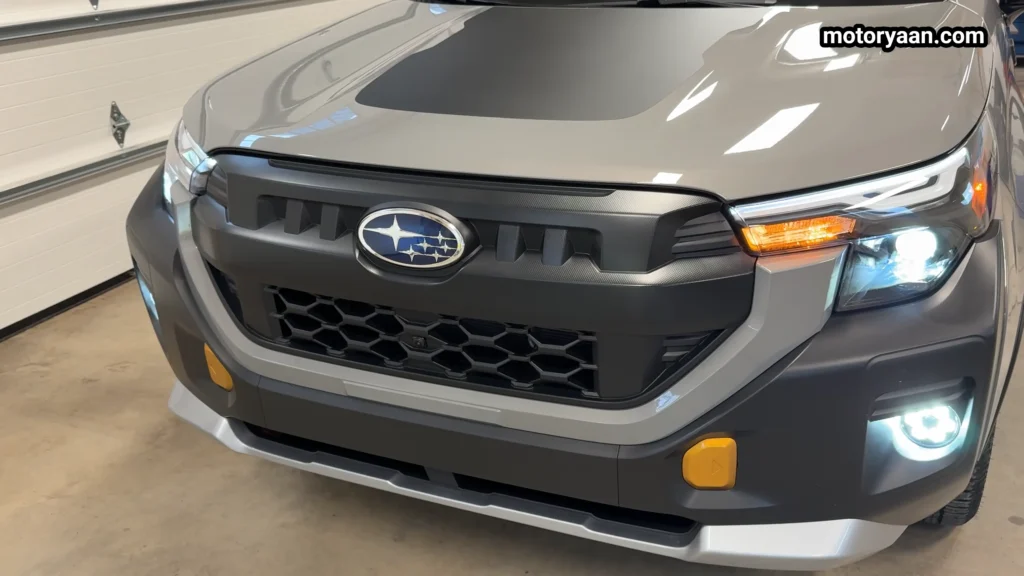 2026 Subaru Forester Wilderness front close up with LED headlights and rugged grille