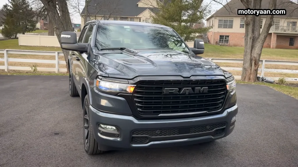 2026 Ram 1500 Laramie angled front view showing grille design and LED headlights