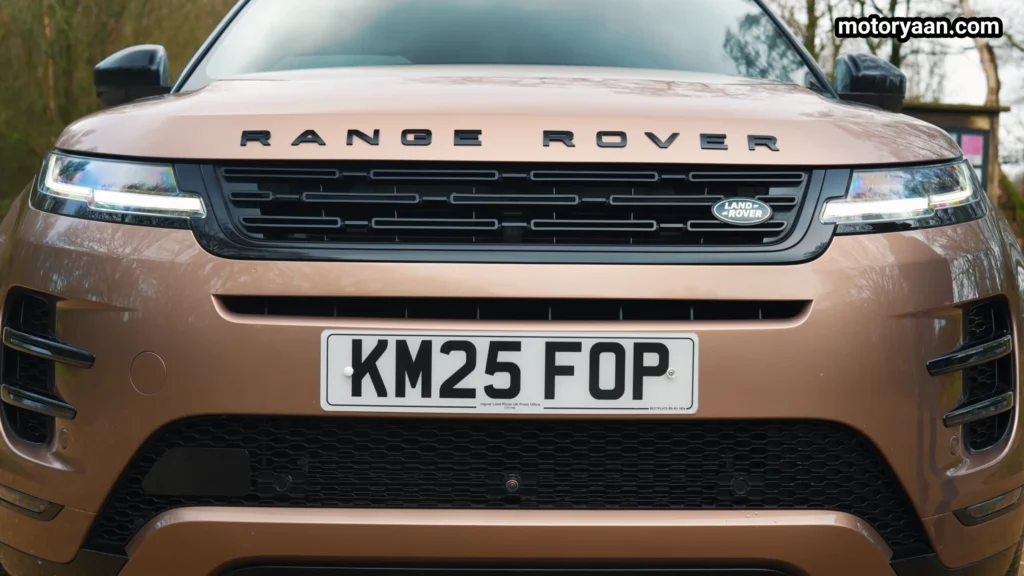 Close up of Range Rover Evoque front grille and headlights
