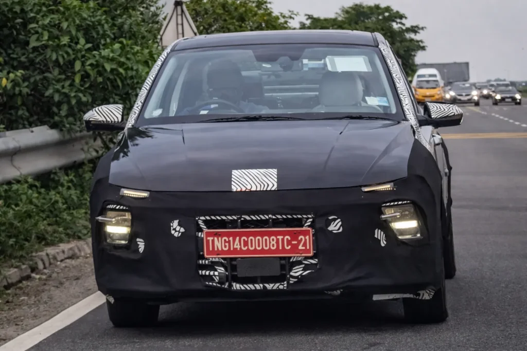 2026 Hyundai Verna facelift front profile seen during road testing