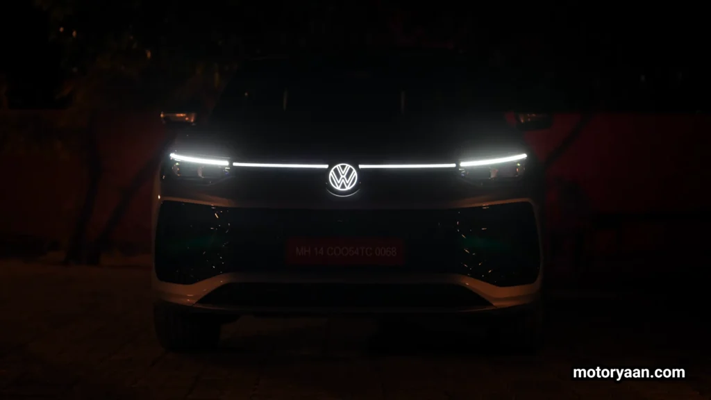 Volkswagen Tayron front LED lighting with glowing VW logo