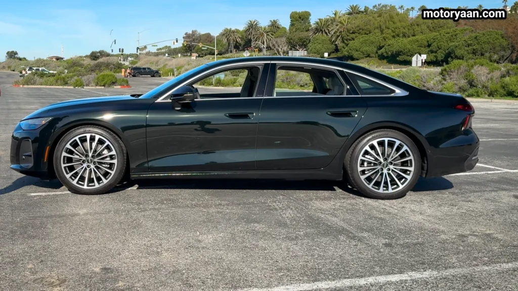 Side profile of the 2026 Audi A6 TFSI highlighting its long wheelbase and sleek shoulder line