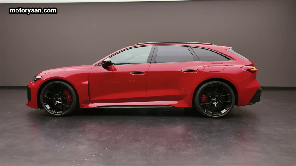 2026 Audi RS5 Avant close up side profile showing flared wheel arches and alloy wheels