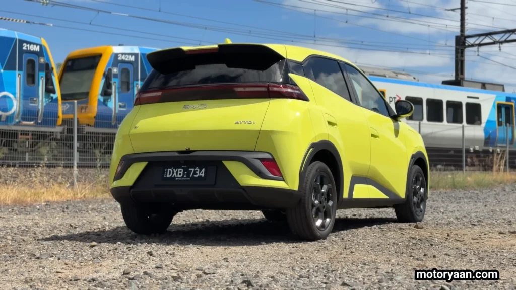 BYD1 Long Term Ownership rear three quarter view with angular tail lamps and compact electric hatchback design