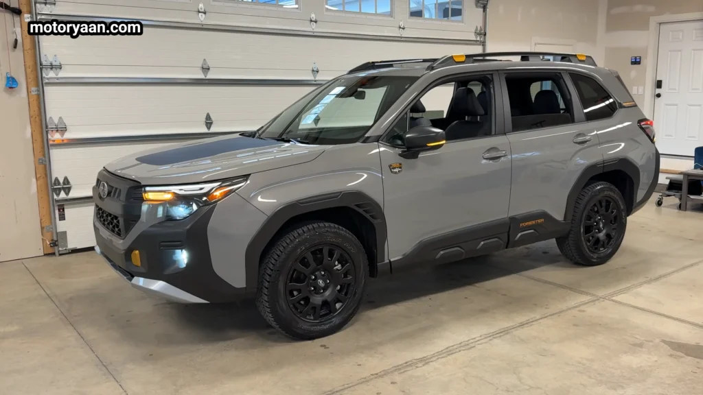 2026 Subaru Forester Wilderness side profile with roof rails and all terrain tyres