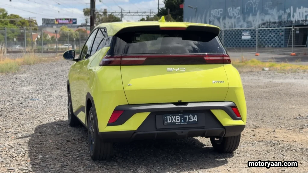 BYD1 Long Term Ownership rear view showing tail lamps, hatchback tailgate, and compact city EV styling