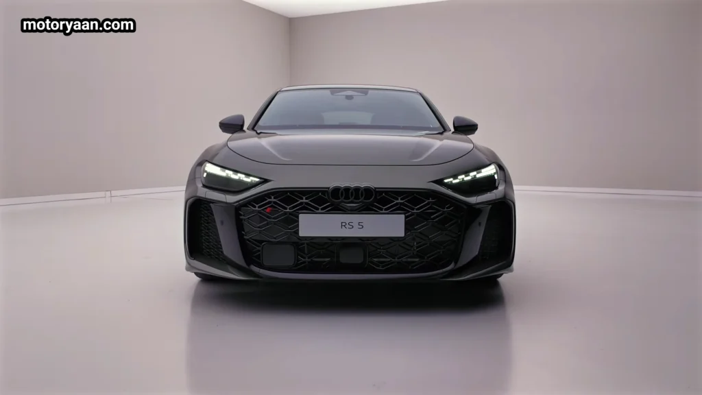 2026 Audi RS5 sedan front profile with Singleframe grille and Matrix LED headlights