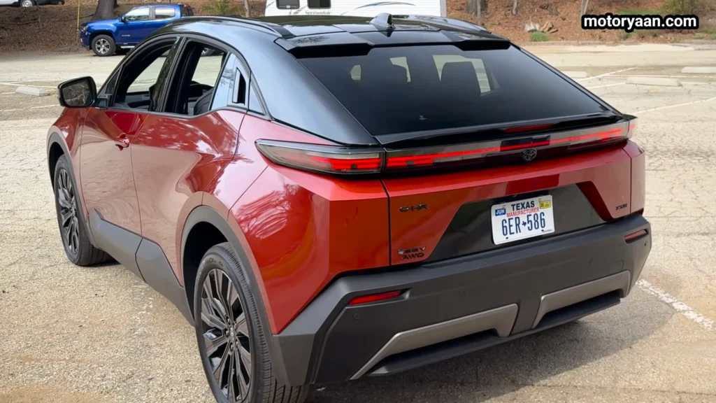 Close up side and rear design of 2026 Toyota CHR XSE with dual spoiler