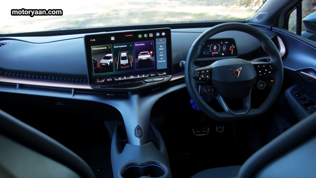 Cupra Tavascan VZ dashboard with steering wheel infotainment screen and digital instrument cluster