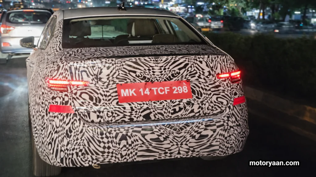 2027 Skoda Slavia Facelift rear profile showcasing updated LED tail lamps rear bumper design and sedan proportions