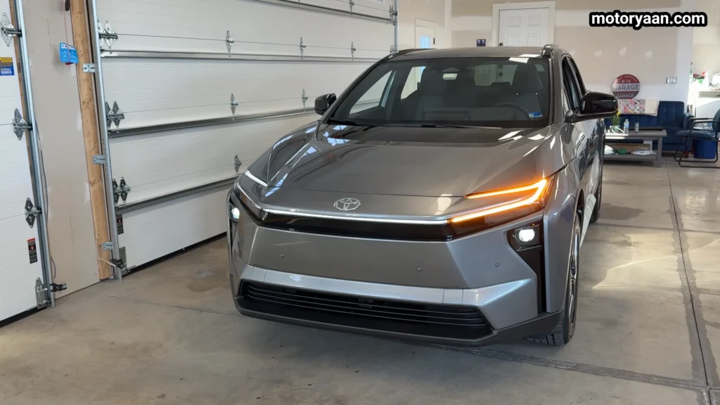 2026 Toyota bZ XLE Plus front profile with hammerhead LED design