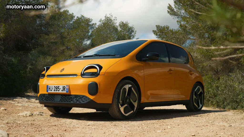 Renault Twingo EV front three quarter view with compact hatchback stance and LED headlamps