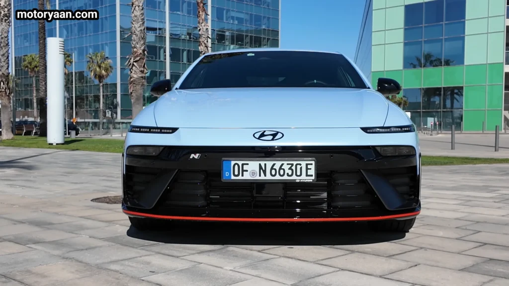 Hyundai Ioniq 6 N front profile with aggressive LED headlights and sporty bumper design