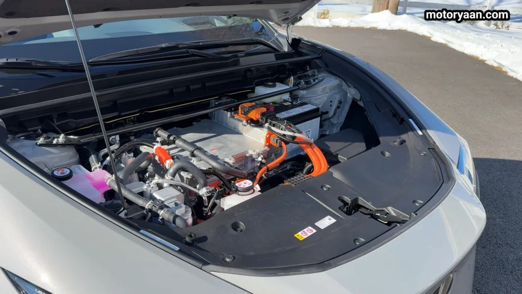 2026 Lexus RZ 550e F Sport electric motor and battery layout under hood