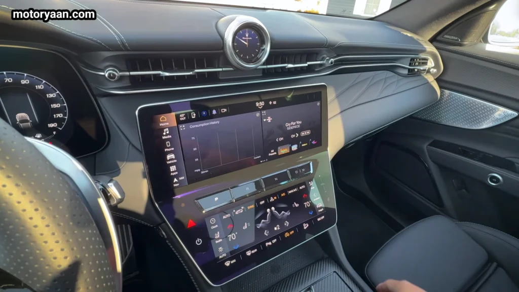2026 Maserati Grecale Trofeo infotainment system with climate control screen and Maserati clock