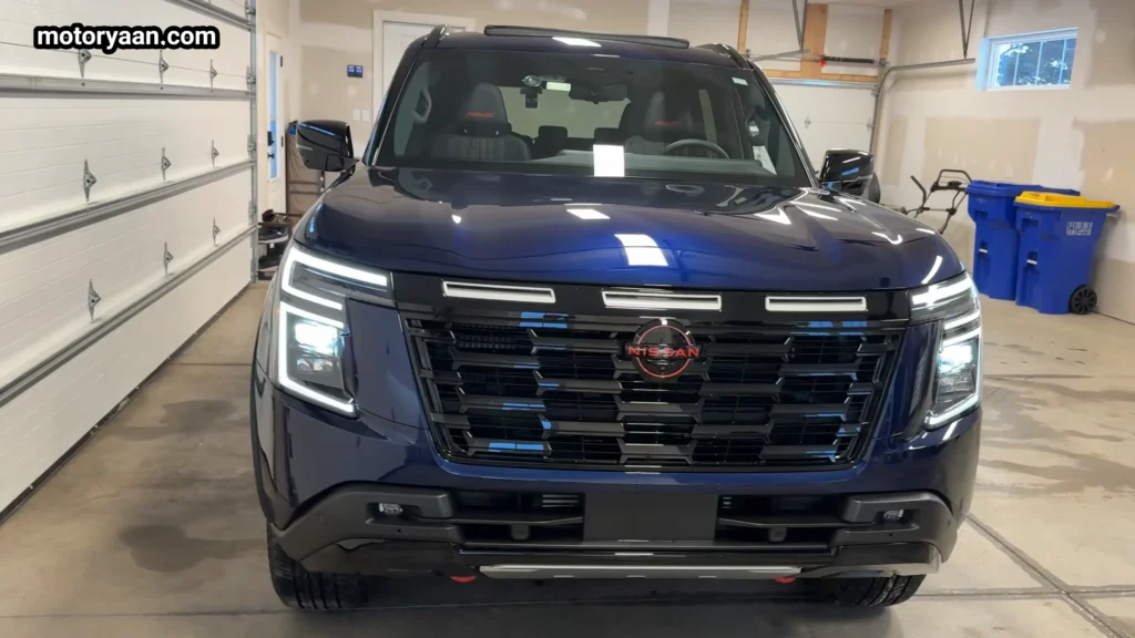 2026 Nissan Armada Pro 4X front view with large grille and LED headlights