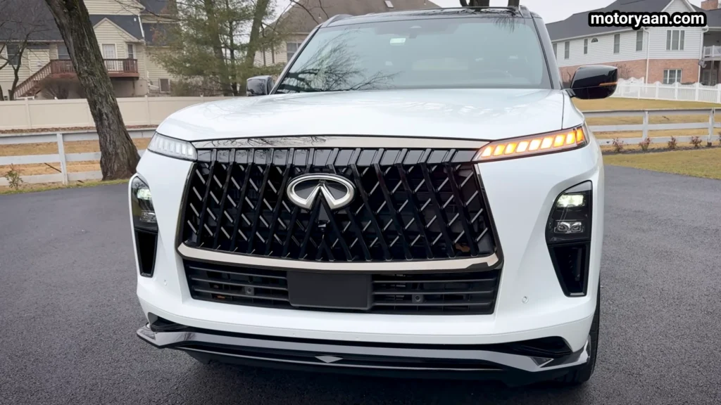 2026 Infiniti QX80 Sport front view with double arch grille and LED lights