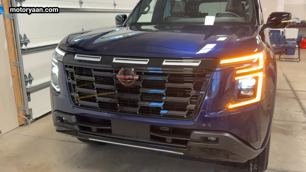 2026 Nissan Armada Pro 4X front fascia close up showing grille and lighting