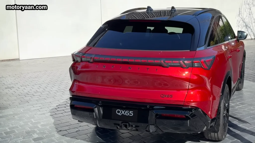 2027 Infiniti QX65 rear three quarter view with sloping roofline and LED tail lights