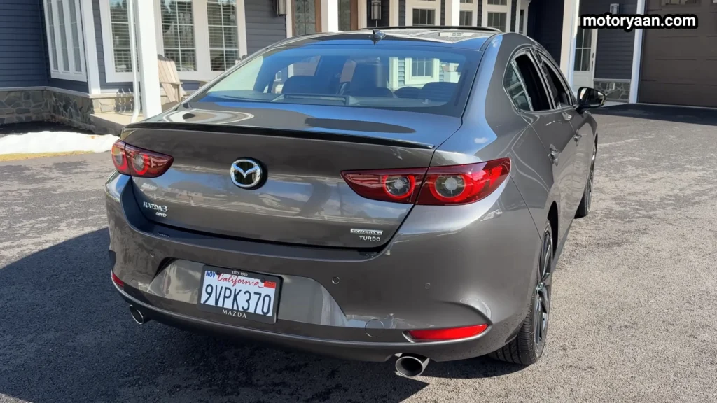 2026 Mazda 3 2.5 Turbo Premium Plus rear view with LED tail lights and dual exhaust
