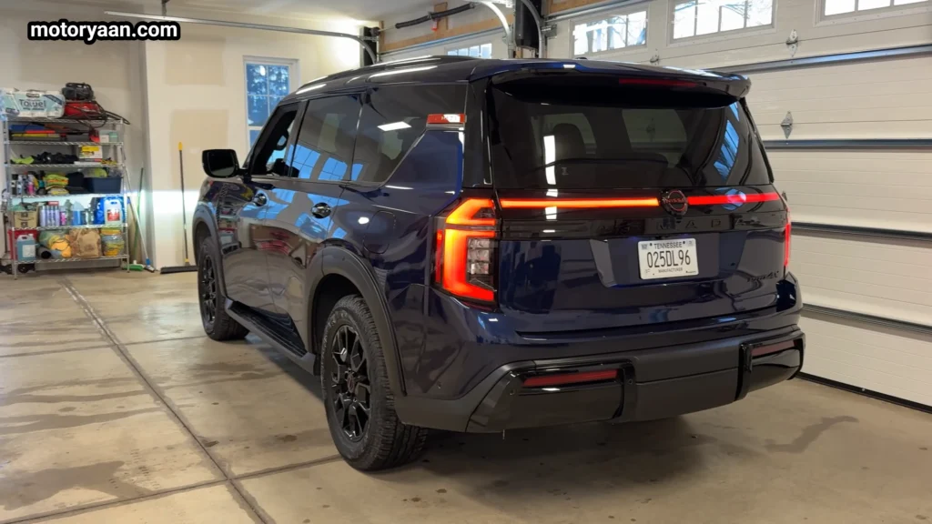 2026 Nissan Armada Pro 4X rear three quarter view showing tail lights and SUV design