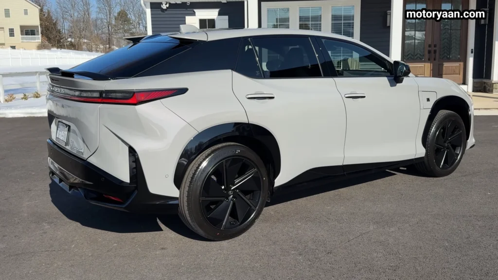 2026 Lexus RZ 550e F Sport side and rear three quarter profile