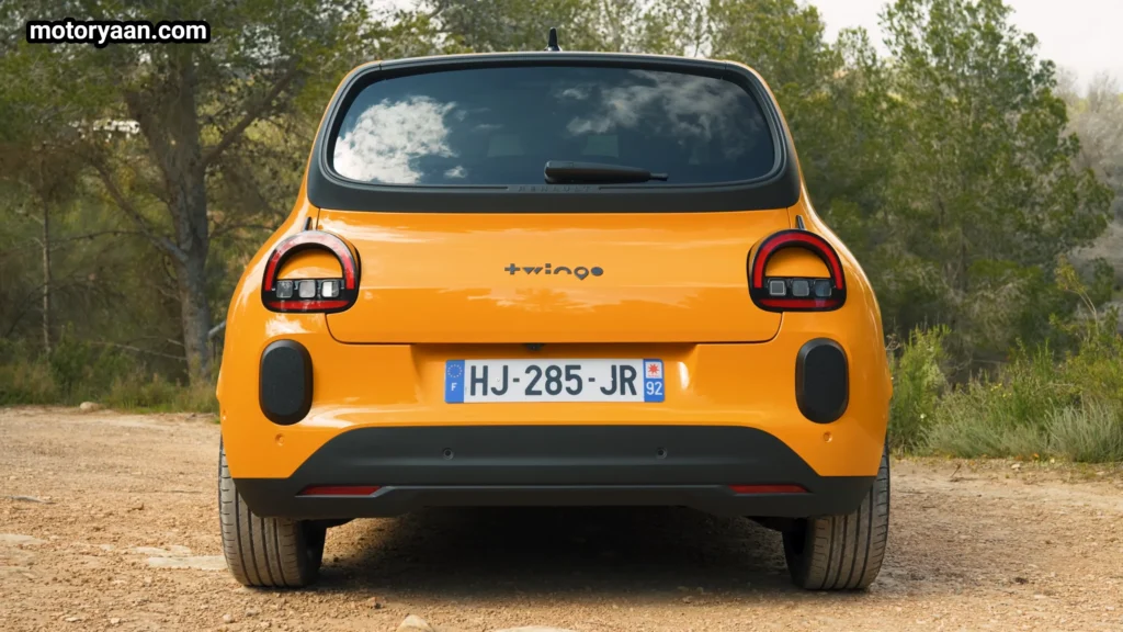 Renault Twingo EV rear profile with tail lamps and hatchback boot design