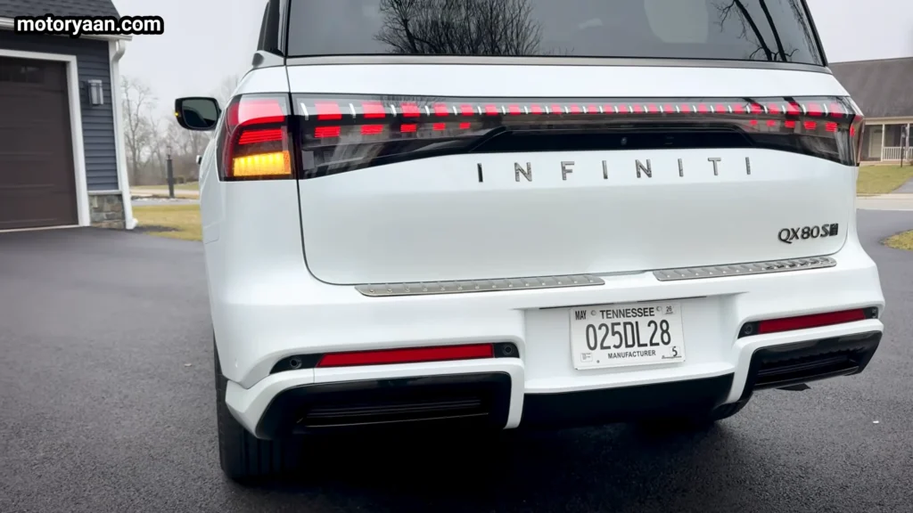 2026 Infiniti QX80 Sport rear close up LED tail lamp and badge