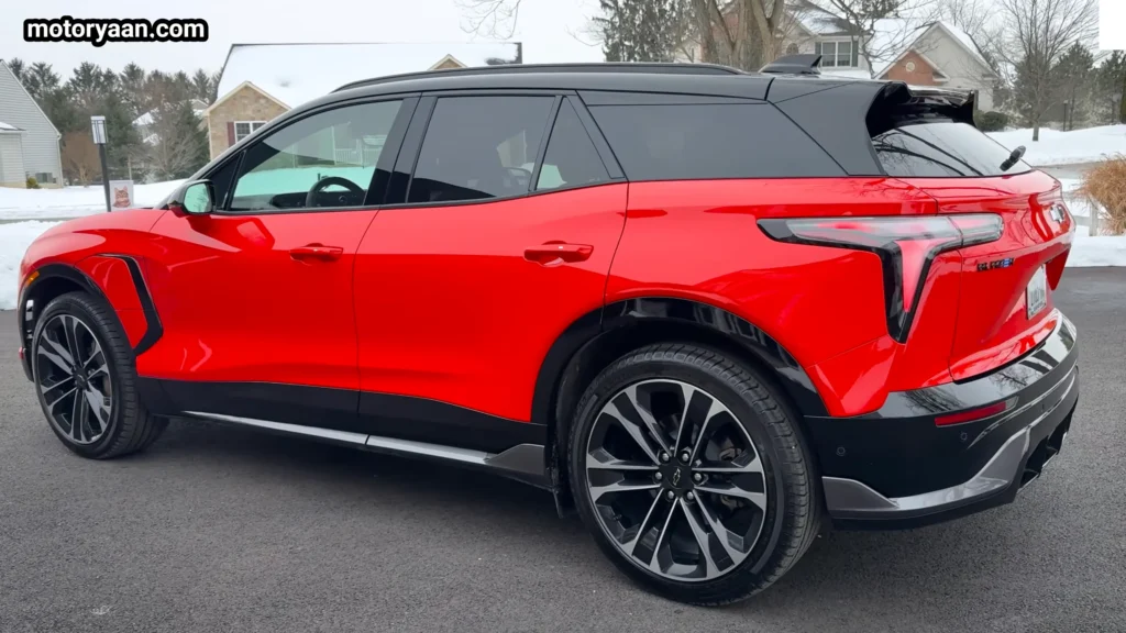 2026 Chevrolet Blazer EV SS rear three quarter view showing sporty electric SUV styling
