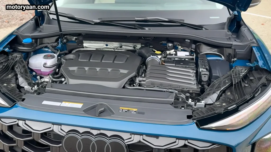 2026 Audi Q3 engine bay showing 2.0 liter turbocharged four cylinder engine