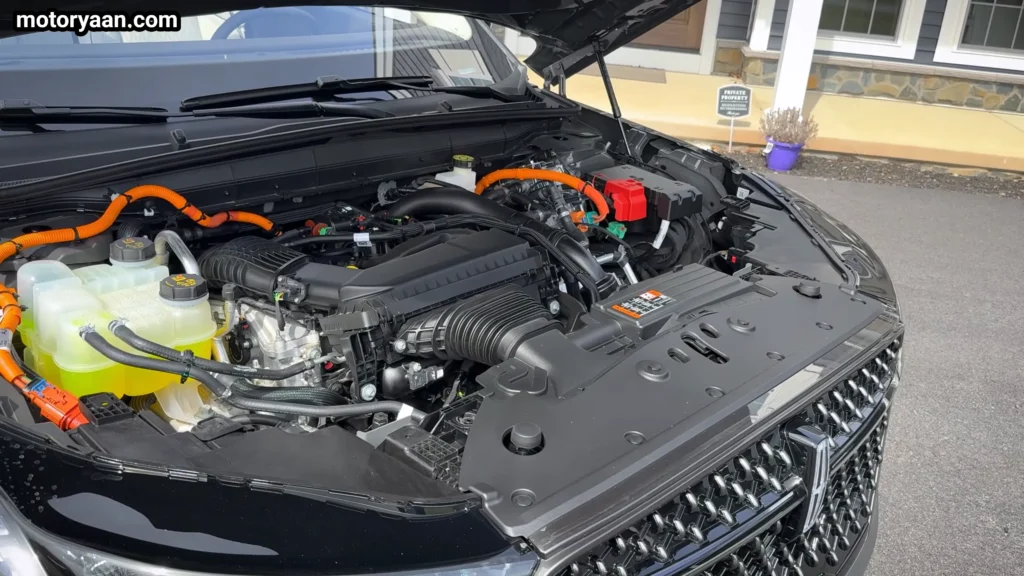 engine bay of 2026 Lincoln Nautilus Black Label Hybrid 2.0L turbo hybrid setup