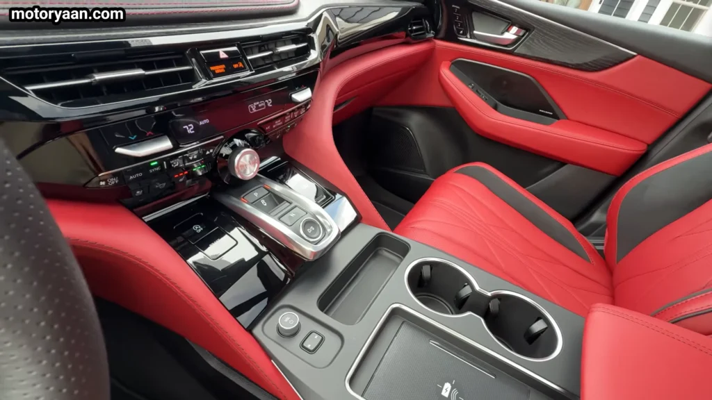 2026 Acura MDX Type S center console with gear selector climate controls and cup holders