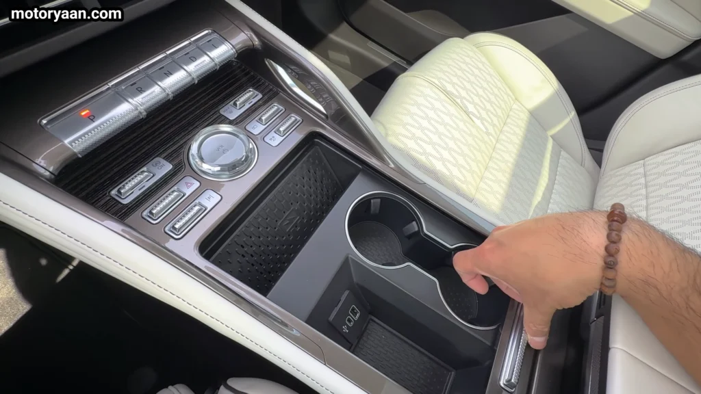 center console of 2026 Lincoln Nautilus Black Label Hybrid with gear selector and cup holders