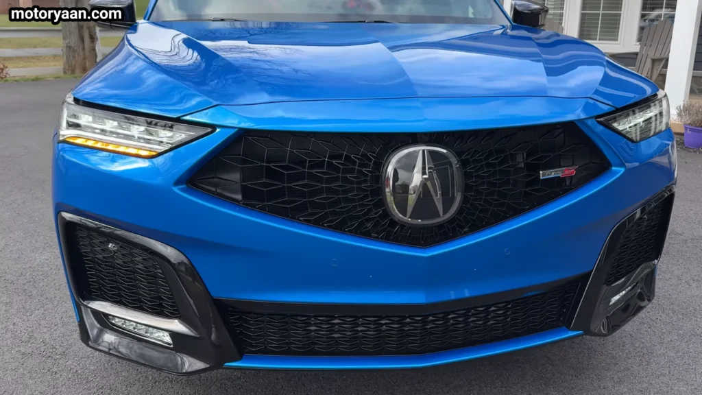 close up of 2026 Acura MDX Type S grille LED headlight and front bumper details
