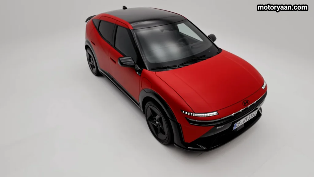 Hyundai Ioniq 3 top angle view showing front end, roofline, and side profile