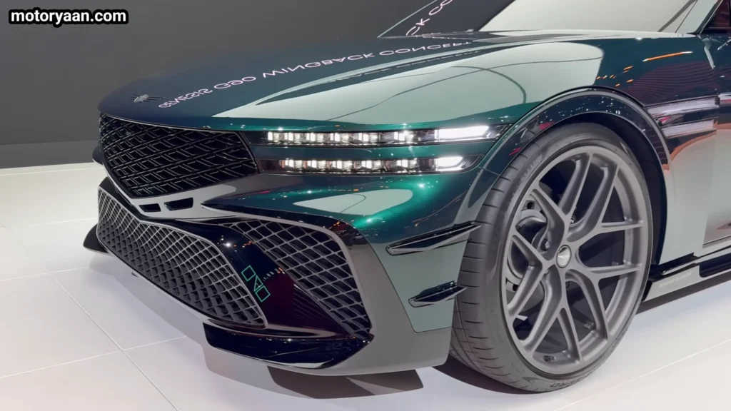 Genesis G90 Wingback Concept close up of front fascia and 22 inch alloy wheels with performance brakes