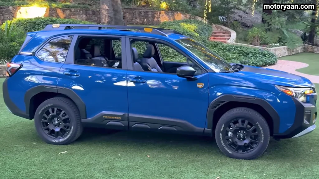 2027 Subaru Forester Wilderness Hybrid side profile with raised suspension and all terrain tyres