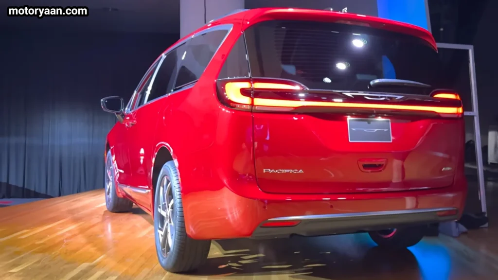 2027 Chrysler Pacifica rear three quarter view showing tailgate and LED taillights