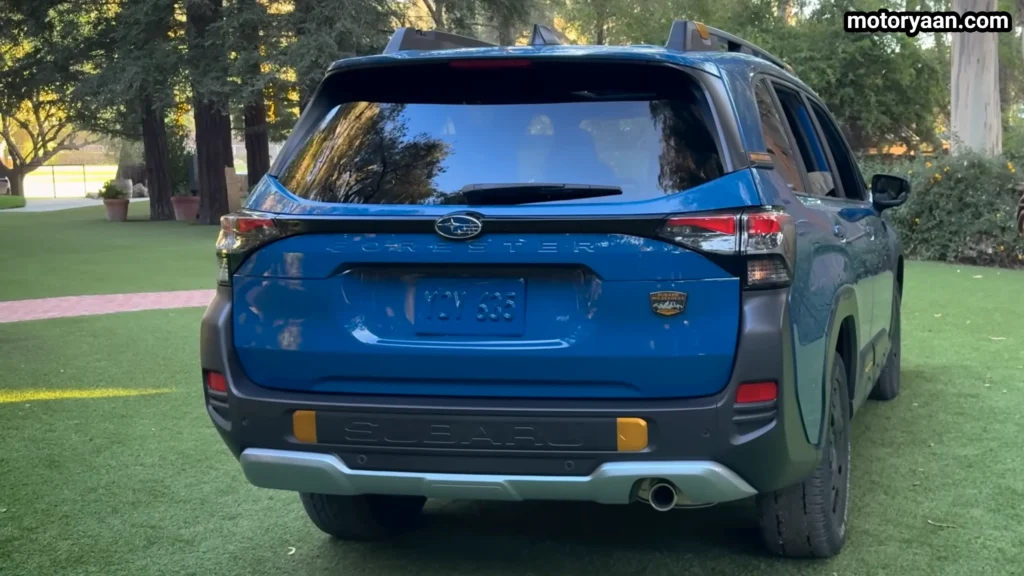 2027 Subaru Forester Wilderness Hybrid rear profile with LED tail lights and skid plate