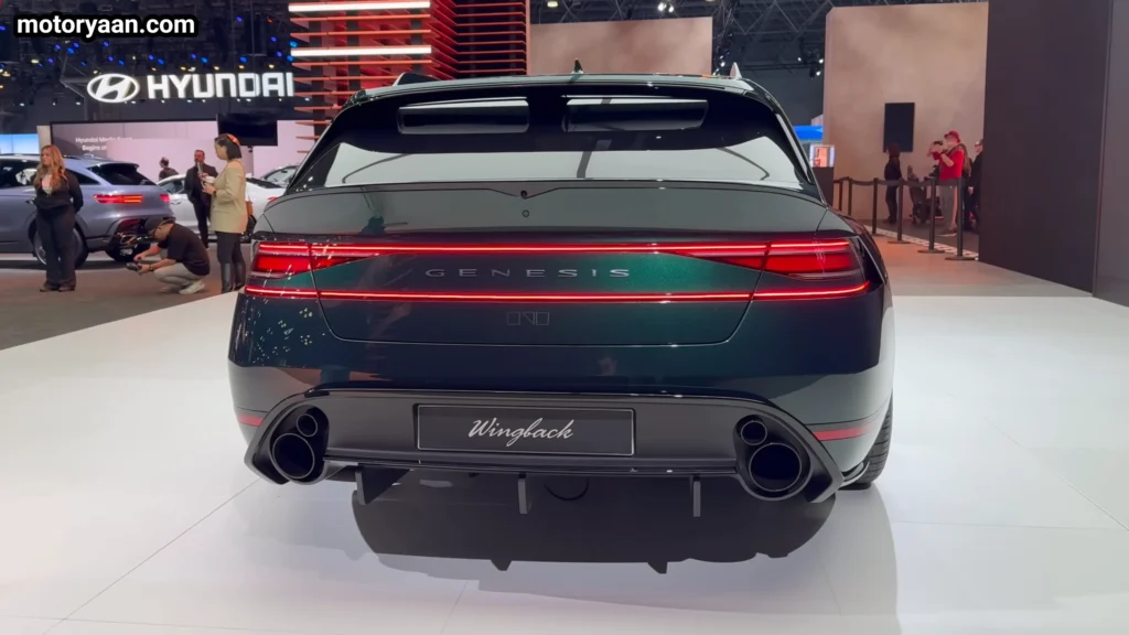 Genesis G90 Wingback Concept full rear profile showing wide stance, dual spoilers and luxury wagon design