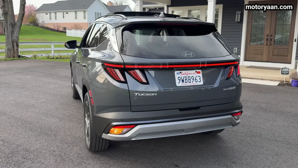 2026 Hyundai Tucson Hybrid full rear profile with LED tail lights